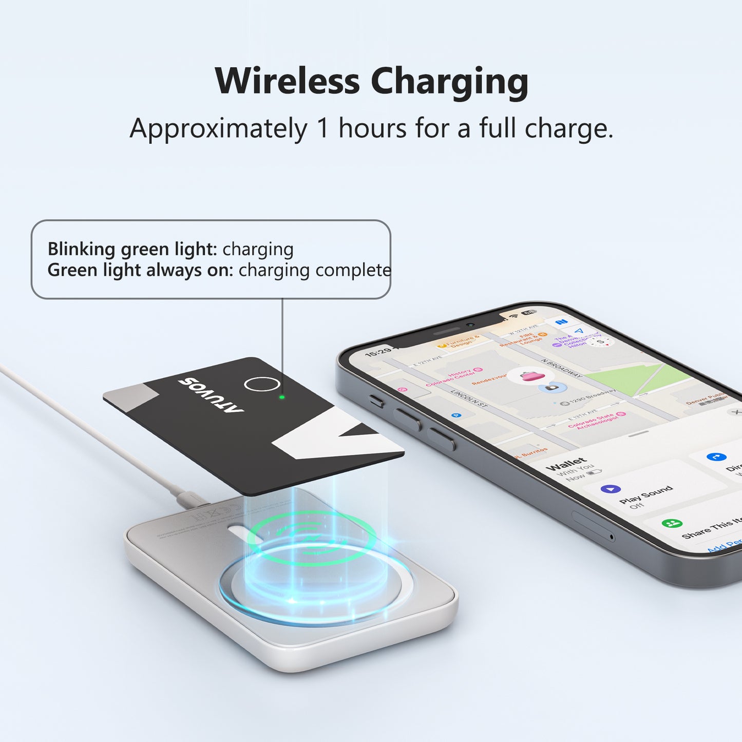 ATUVOS AT2403 Rechargeable Wallet Tracker Card Thin Finder 1.6mm, Rechargeable style Smart Card Air Tag Works with Apple Find My (iOS Only),  1 Pack